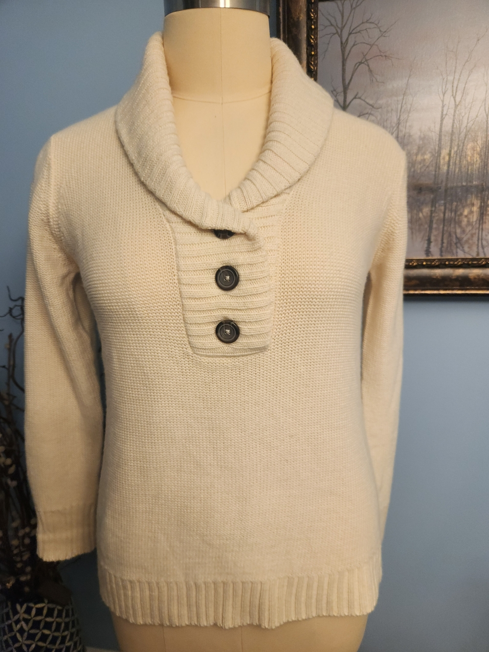 Natural Reflections Cream Shawl-Collar Button Pullover Sweater